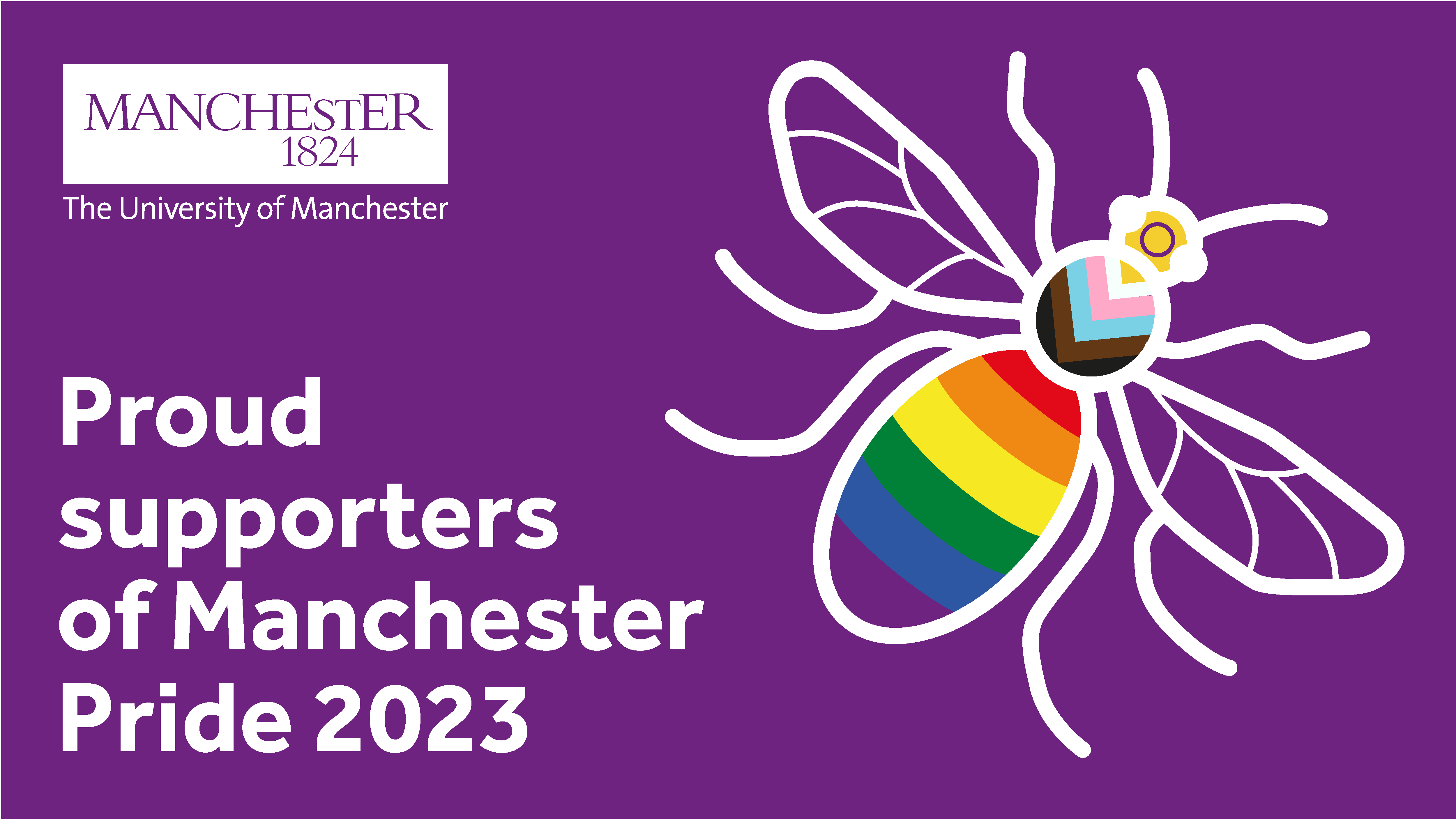 Manchester bee with pride rainbow colours on a purple background, with the text "Proud supporters of Manchester Pride 2023"